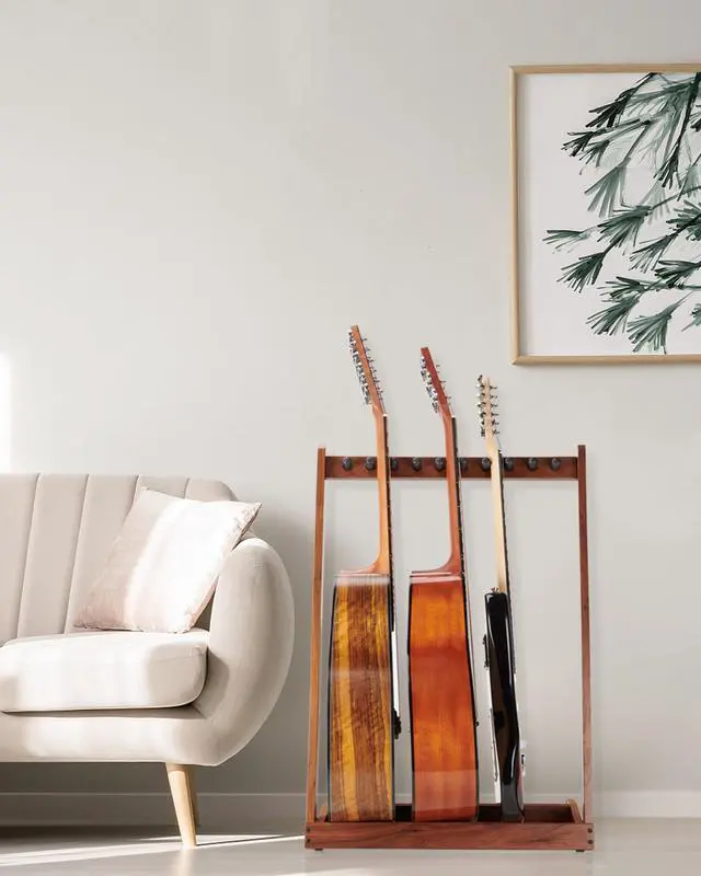 Alt view image 7 of 7 - Multi Guitar Stand, Walnut Wood Guitar Rack for 3 Acoustic/5 Electric/Bass | for 3 Acoustic/5 Electric/Bass, Soft Felt Pad, Neck Holder, Floor Instrument Holder, Space Saving, for Home Studio Display