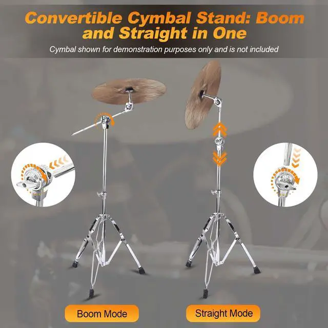 Alt view image 6 of 7 - 2 Pack Boom Cymbal Stand, Adjustable Cymbal Stand for Crash, Ride, Splash Cymbals, Stable Double-Braced Tripod Legs with Rubber Feet Drum Hardware for Drum Set