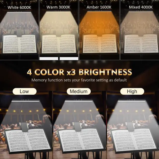 Alt view image 3 of 6 - 4 Pack Rechargeable Music Stand Lights - Eye Caring 47 LED Clip on Piano Lights, 4 Color & 3 Brightness, USB-C, up to 110 Hrs Runtime, Portable Lamp for Musician, Grand/Upright Piano, Reading