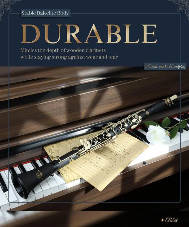 Alt view image 2 of 7 - B Flat Concert Clarinet: Precision Tone Hole Design for Stable Intonation, Durable Ancient Bronze-Style Keys, Including Leather Hard Case, Barrel, Stand, Full Cleaning Kit (Aria-ABV)