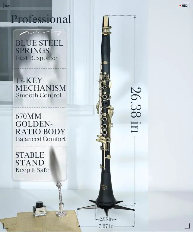 Alt view image 5 of 7 - B Flat Concert Clarinet: Precision Tone Hole Design for Stable Intonation, Durable Ancient Bronze-Style Keys, Including Leather Hard Case, Barrel, Stand, Full Cleaning Kit (Aria-ABV)