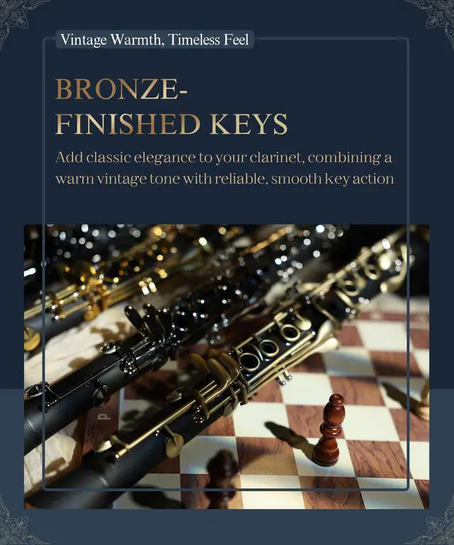 Alt view image 6 of 7 - B Flat Concert Clarinet: Precision Tone Hole Design for Stable Intonation, Durable Ancient Bronze-Style Keys, Including Leather Hard Case, Barrel, Stand, Full Cleaning Kit (Aria-ABV)