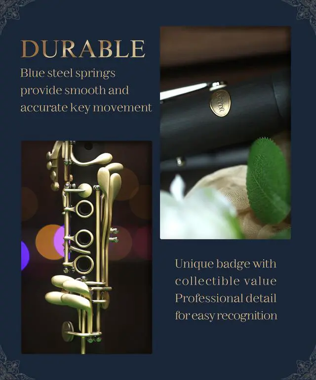 Alt view image 7 of 7 - B Flat Concert Clarinet: Precision Tone Hole Design for Stable Intonation, Durable Ancient Bronze-Style Keys, Including Leather Hard Case, Barrel, Stand, Full Cleaning Kit (Aria-ABV)
