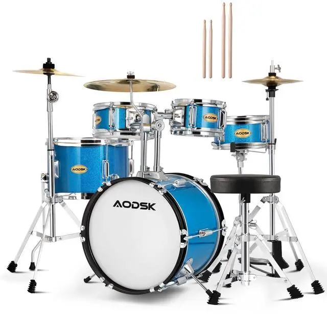 Main image of 5-Piece 14 Inch Beginner Drum Set with Throne, Cymbal Hi-Hat+Sticks | All Hardware Included, Adjustable Stool, Bass Pedal, for Young Starters, Music Play, Home Learning, Gift, Easy Assembly