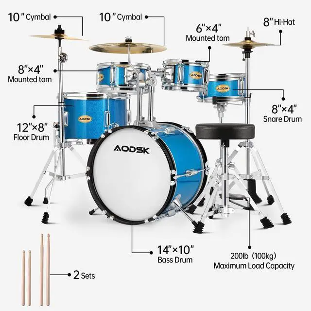 Alt view image 2 of 7 - 5-Piece 14 Inch Beginner Drum Set with Throne, Cymbal Hi-Hat+Sticks | All Hardware Included, Adjustable Stool, Bass Pedal, for Young Starters, Music Play, Home Learning, Gift, Easy Assembly