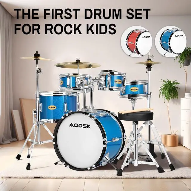 Alt view image 3 of 7 - 5-Piece 14 Inch Beginner Drum Set with Throne, Cymbal Hi-Hat+Sticks | All Hardware Included, Adjustable Stool, Bass Pedal, for Young Starters, Music Play, Home Learning, Gift, Easy Assembly