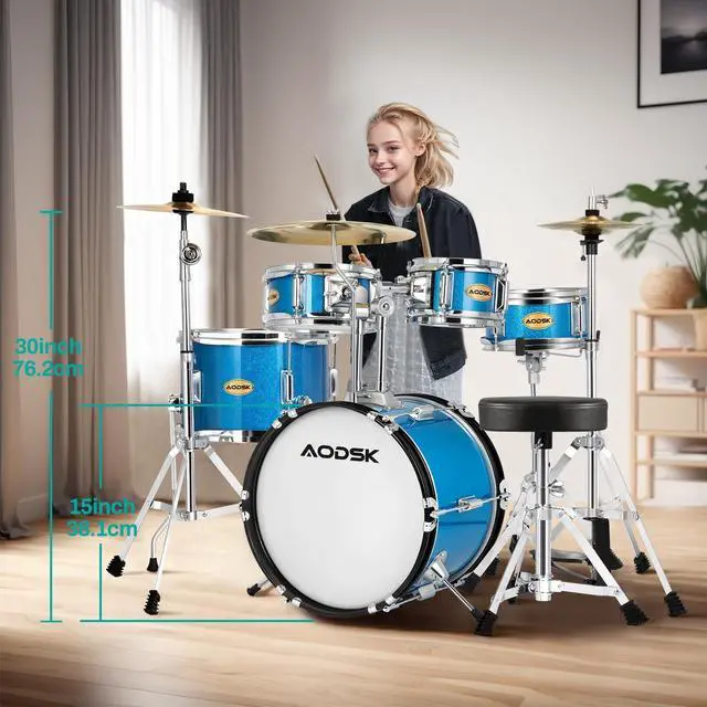 Alt view image 4 of 7 - 5-Piece 14 Inch Beginner Drum Set with Throne, Cymbal Hi-Hat+Sticks | All Hardware Included, Adjustable Stool, Bass Pedal, for Young Starters, Music Play, Home Learning, Gift, Easy Assembly