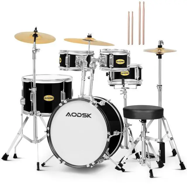 Main image of 5 drums & 3 cymbals 14 Inch Drum Set, Complete Kit w/Throne & Sticks | All Hardware Included, Adjustable Stool, Bass Pedal, Perfect for Young Beginners, Music Class, Holiday Gift, Easy Setup