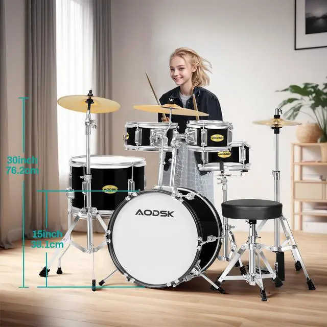 Alt view image 4 of 7 - 5 drums & 3 cymbals 14 Inch Drum Set, Complete Kit w/Throne & Sticks | All Hardware Included, Adjustable Stool, Bass Pedal, Perfect for Young Beginners, Music Class, Holiday Gift, Easy Setup