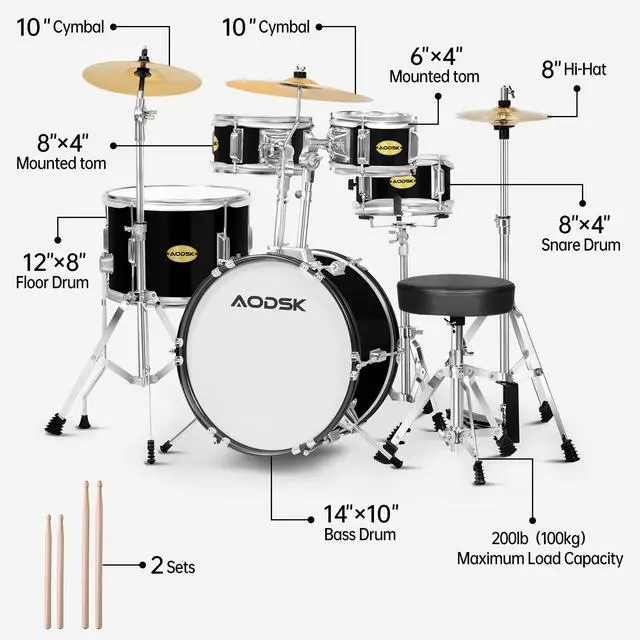 Alt view image 5 of 7 - 5 drums & 3 cymbals 14 Inch Drum Set, Complete Kit w/Throne & Sticks | All Hardware Included, Adjustable Stool, Bass Pedal, Perfect for Young Beginners, Music Class, Holiday Gift, Easy Setup