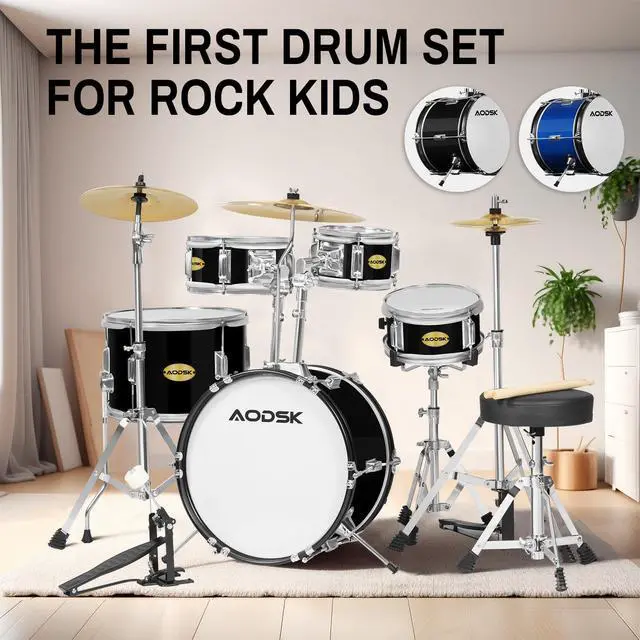 Alt view image 6 of 7 - 5 drums & 3 cymbals 14 Inch Drum Set, Complete Kit w/Throne & Sticks | All Hardware Included, Adjustable Stool, Bass Pedal, Perfect for Young Beginners, Music Class, Holiday Gift, Easy Setup