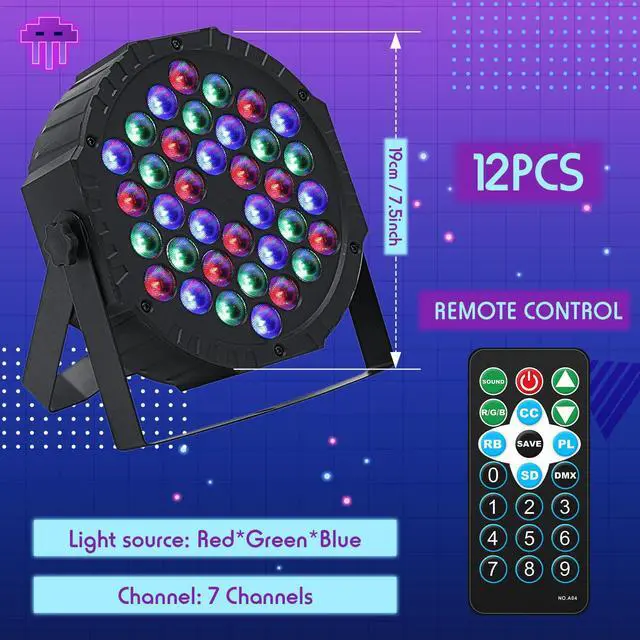 Alt view image 2 of 5 - 12 Pcs 36 LED Par Lights DJ Stage Light 7 Channel Par Lighting for Stage with Remote Control and DMX Control Sound Activated Uplights for Events Club Music Disco Holiday Wedding Party