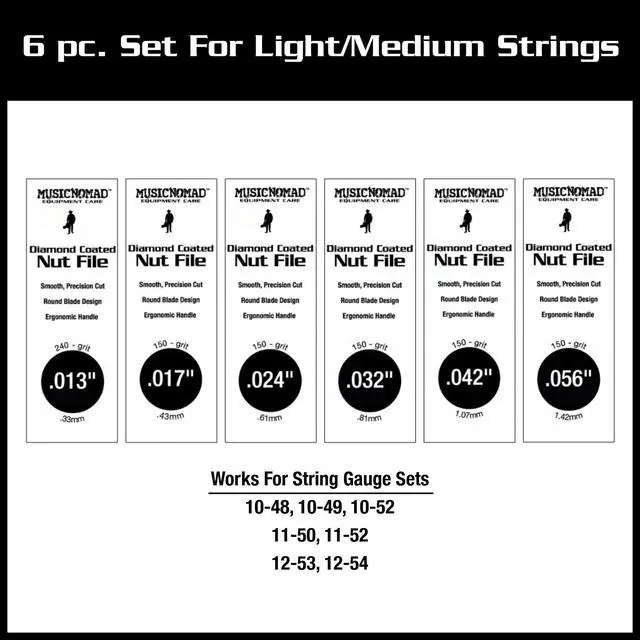Alt view image 2 of 6 - 6 pc. Acoustic Guitar Diamond Coated Nut File Set - Light/Medium Strings (MN670)