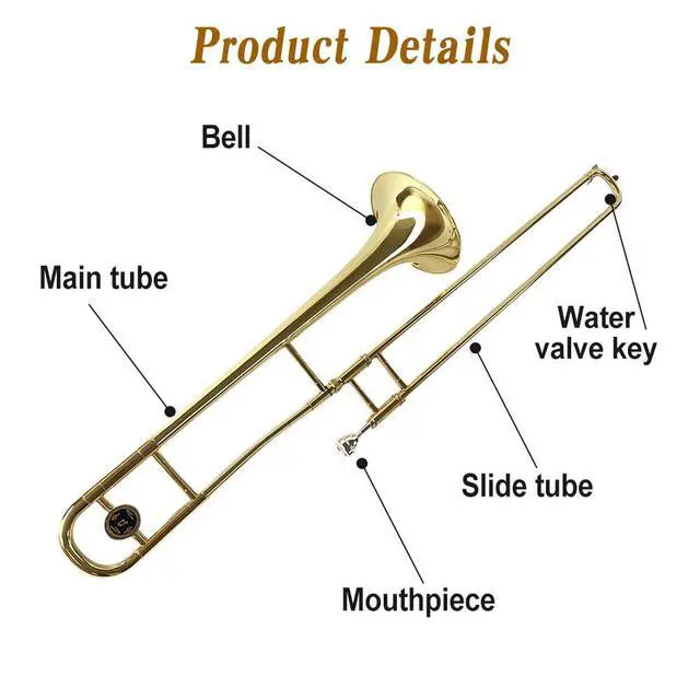 Alt view image 2 of 6 - Bb Tenor Slide Trombone B Flat Brass Trombone with Gold Lacquer Finish- Includes Hard Case, Mouthpiece & Cleaning Kit Fit for Musicians and Beginners12.7 mm & 205 mm