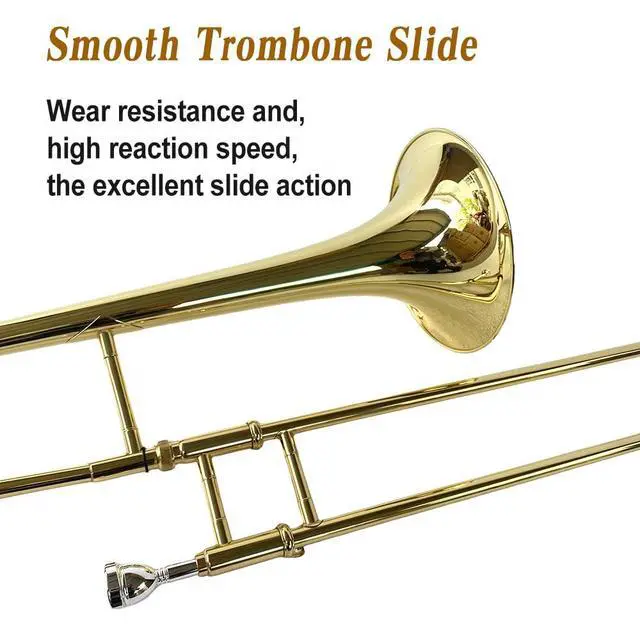 Alt view image 5 of 6 - Bb Tenor Slide Trombone B Flat Brass Trombone with Gold Lacquer Finish- Includes Hard Case, Mouthpiece & Cleaning Kit Fit for Musicians and Beginners12.7 mm & 205 mm