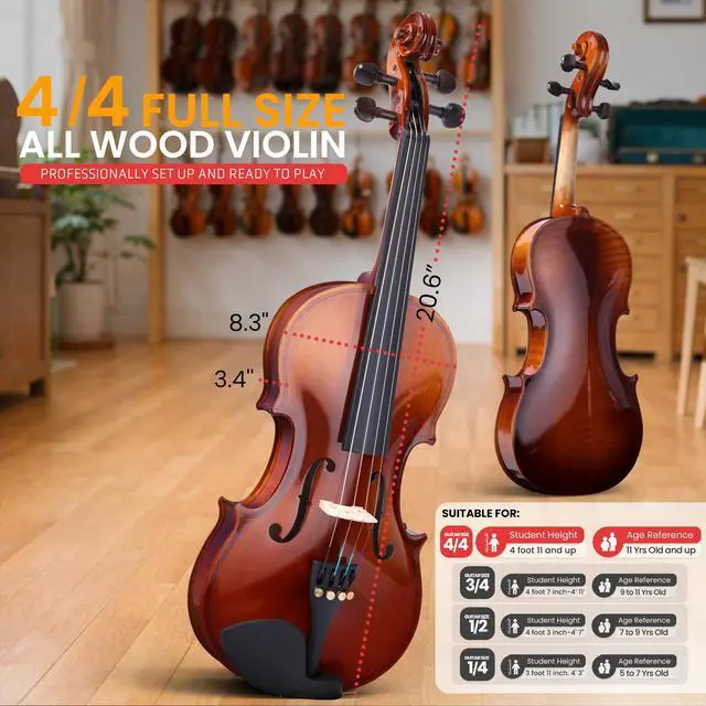 Alt view image 2 of 7 - 4/4 Full Size Acoustic Violin for Beginners Complete Violins Set with Hard Case, Bow, Extra Strings, Rosin, Full Accessories Kit - Mobile App Tuner 2 Month Free Lessons for Kids & Adults