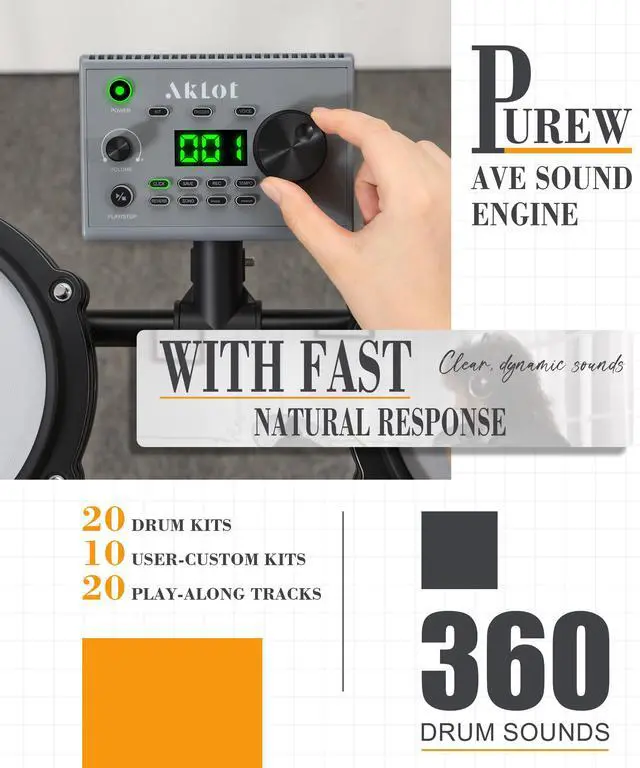 Alt view image 5 of 7 - Complete Electric Drum Set: 4 Dual-Zone Mesh Pads, Quiet Electronic Drum Set for Beginner with 8'' Snare, 360 Sounds, Choke Cymbals, Throne, Headphone, Stick and Lesson Book, B-CORE530Pro, White