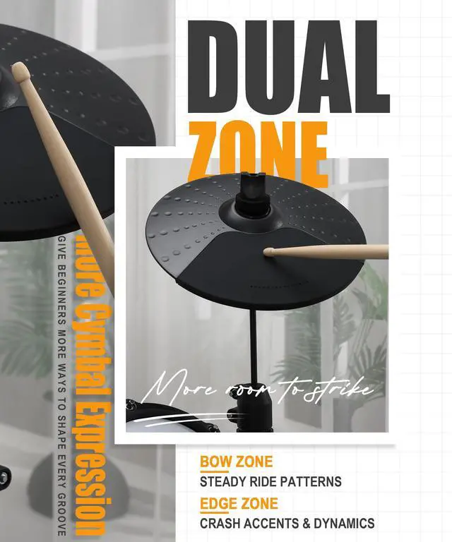 Alt view image 7 of 7 - Complete Electric Drum Set: 4 Dual-Zone Mesh Pads, Quiet Electronic Drum Set for Beginner with 8'' Snare, 360 Sounds, Choke Cymbals, Throne, Headphone, Stick and Lesson Book, B-CORE530Pro, White