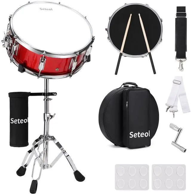 Main image of Snare Drum Set, 14" x 5.5" Marching Snare Drum with Stand & Bag | Silent Mute Pad + Drums Sticks + Drumstick Holder + Drums Key + Damper Gels for Adults (Red)