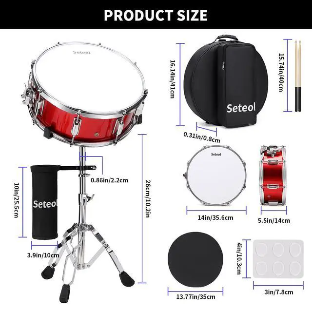 Alt view image 5 of 7 - Snare Drum Set, 14" x 5.5" Marching Snare Drum with Stand & Bag | Silent Mute Pad + Drums Sticks + Drumstick Holder + Drums Key + Damper Gels for Adults (Red)