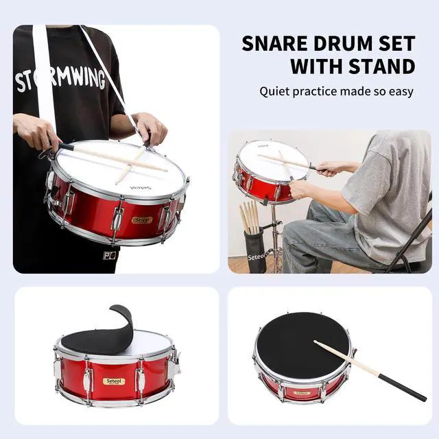 Alt view image 4 of 7 - Snare Drum Set, 14" x 5.5" Marching Snare Drum with Stand & Bag | Silent Mute Pad + Drums Sticks + Drumstick Holder + Drums Key + Damper Gels for Adults (Red)