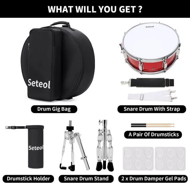 Alt view image 7 of 7 - Snare Drum Set, 14" x 5.5" Marching Snare Drum with Stand & Bag | Silent Mute Pad + Drums Sticks + Drumstick Holder + Drums Key + Damper Gels for Adults (Red)