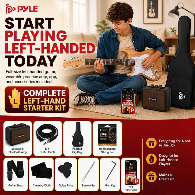 Alt view image 2 of 6 - Left Handed Electric Guitar and Amp Kit - Full Size 39" Starter Kit with Wearable Bluetooth Amplifier, 1/4 Cable, Zip Case, Strap, Strings, Picks, Cleaning Cloth, ST-Style, (Natural Lefty)