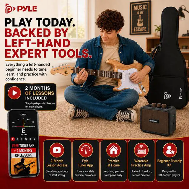 Alt view image 6 of 6 - Left Handed Electric Guitar and Amp Kit - Full Size 39" Starter Kit with Wearable Bluetooth Amplifier, 1/4 Cable, Zip Case, Strap, Strings, Picks, Cleaning Cloth, ST-Style, (Natural Lefty)