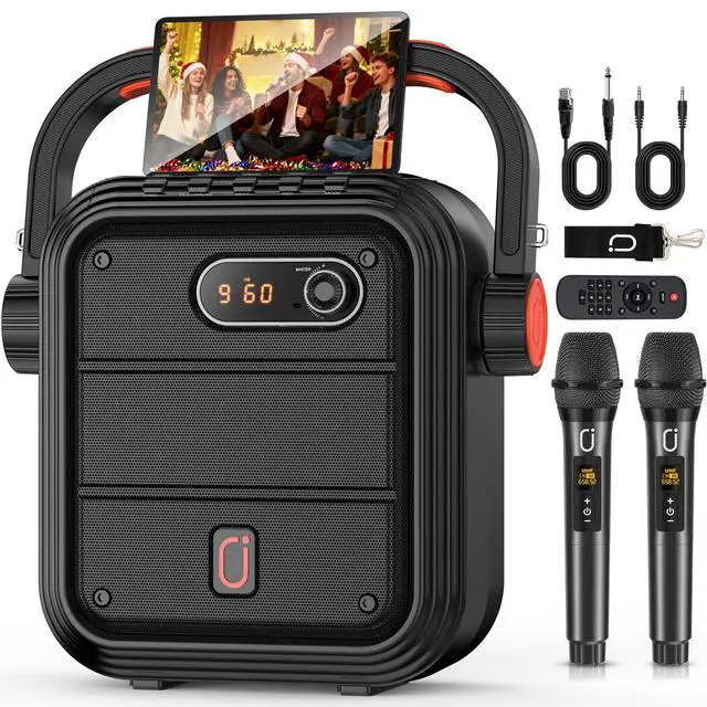 Main image of Karaoke Machine with 2 Wireless Microphones, Portable Bluetooth Speaker PA System with Shoulder Strap, Subwoofer Support TWS, USB, Radio, AUX, REC, Bass&Treble for Home Party/Meeting/Adults/Kids