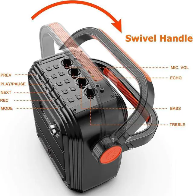 Alt view image 4 of 7 - Karaoke Machine with 2 Wireless Microphones, Portable Bluetooth Speaker PA System with Shoulder Strap, Subwoofer Support TWS, USB, Radio, AUX, REC, Bass&Treble for Home Party/Meeting/Adults/Kids