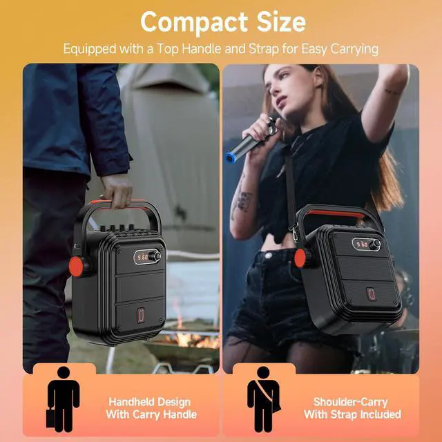 Alt view image 5 of 7 - Karaoke Machine with 2 Wireless Microphones, Portable Bluetooth Speaker PA System with Shoulder Strap, Subwoofer Support TWS, USB, Radio, AUX, REC, Bass&Treble for Home Party/Meeting/Adults/Kids