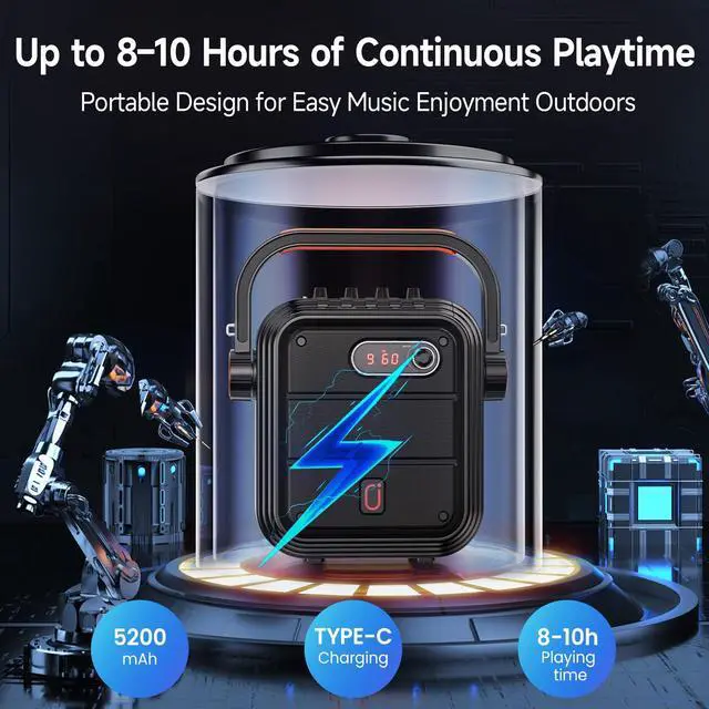 Alt view image 3 of 7 - Karaoke Machine with 2 Wireless Microphones, Portable Bluetooth Speaker PA System with Shoulder Strap, Subwoofer Support TWS, USB, Radio, AUX, REC, Bass&Treble for Home Party/Meeting/Adults/Kids