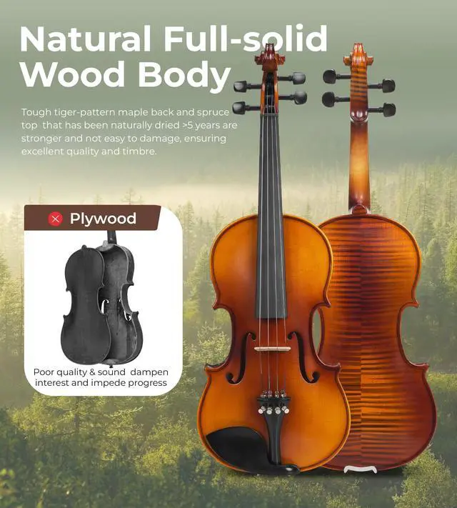 Alt view image 2 of 6 - 1/2 Acoustic Violin Fiddle Kit, Professional Solid Wood Violin, Spruce Top, Matched Unique Maple Wood Pattern, Premium Ebony Fitting, Beginner