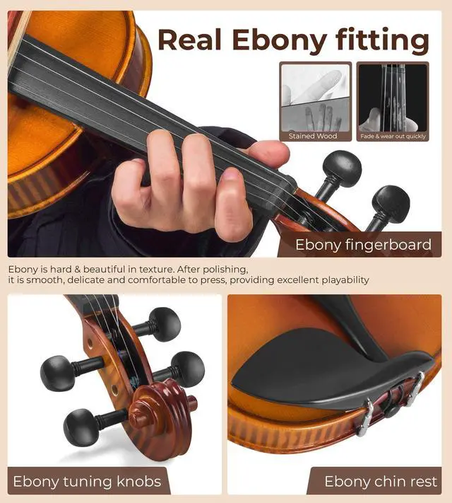 Alt view image 3 of 6 - 1/2 Acoustic Violin Fiddle Kit, Professional Solid Wood Violin, Spruce Top, Matched Unique Maple Wood Pattern, Premium Ebony Fitting, Beginner