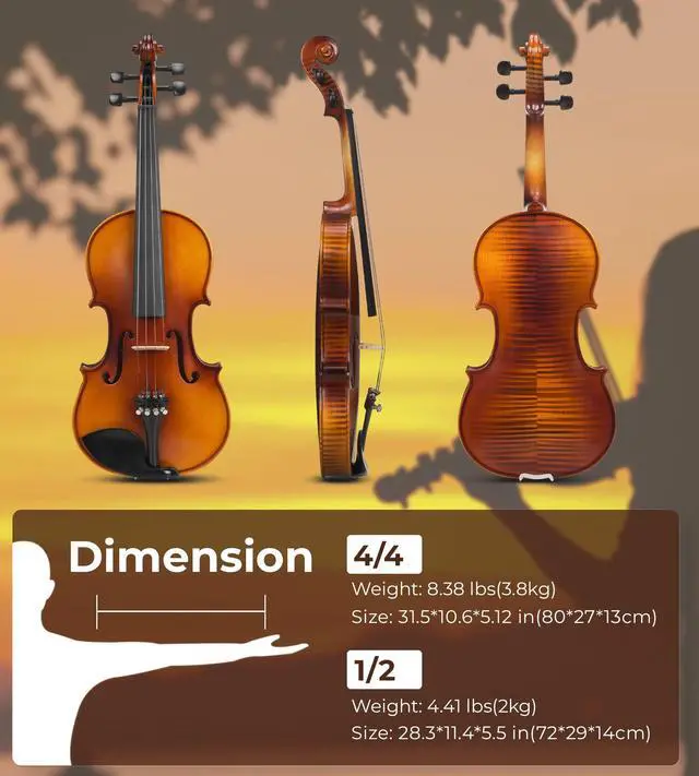 Alt view image 5 of 6 - 1/2 Acoustic Violin Fiddle Kit, Professional Solid Wood Violin, Spruce Top, Matched Unique Maple Wood Pattern, Premium Ebony Fitting, Beginner