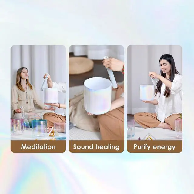Alt view image 5 of 6 - 432HZ 7 inch C note Clear White Quartz Handle Crystal Singing Bowl | Sound Meditation,Mindfulness,Relaxation, Includes Case Bags and Rubber Mallets