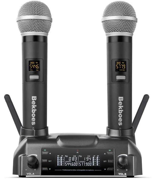 Main image of Rechargeable Dual Handheld Mics UHF Wireless Microphone System | 2 rechargeable metal mics, 100 channels per mic, 165 ft range, magnetic charging dock for karaoke, church, weddings, speech