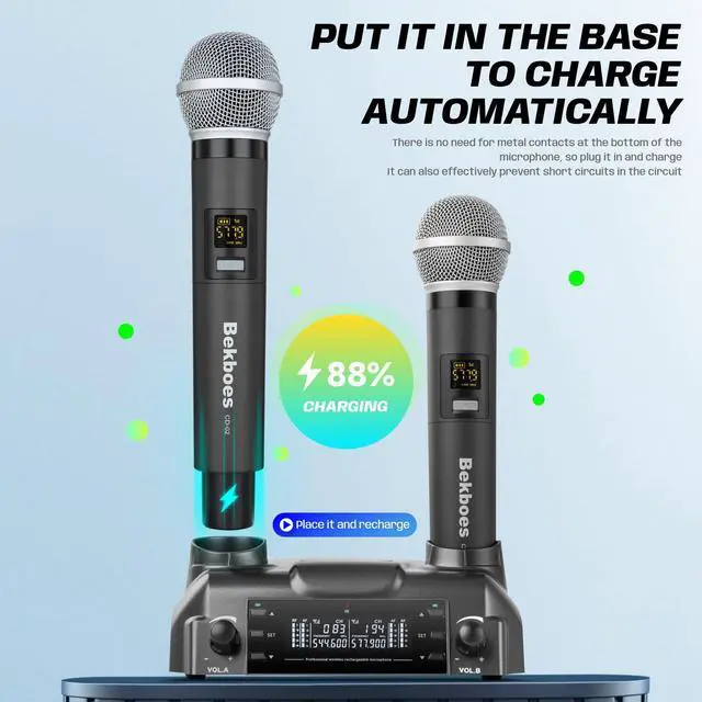 Alt view image 2 of 7 - Rechargeable Dual Handheld Mics UHF Wireless Microphone System | 2 rechargeable metal mics, 100 channels per mic, 165 ft range, magnetic charging dock for karaoke, church, weddings, speech