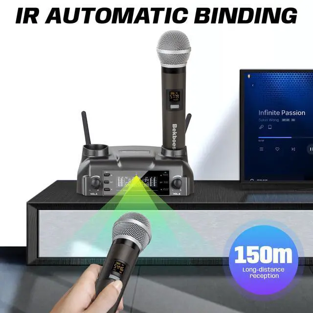 Alt view image 4 of 7 - Rechargeable Dual Handheld Mics UHF Wireless Microphone System | 2 rechargeable metal mics, 100 channels per mic, 165 ft range, magnetic charging dock for karaoke, church, weddings, speech