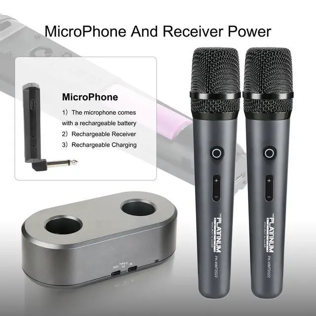 Alt view image 2 of 7 - The Platinum Wireless Microphone for mic Input UHF Metal Dynamic Handheld Multipurpose mic with Base and Rechargeable Receiver 160ft Range Suitable for Karaoke Machine/Amplifier Speake/Mixer