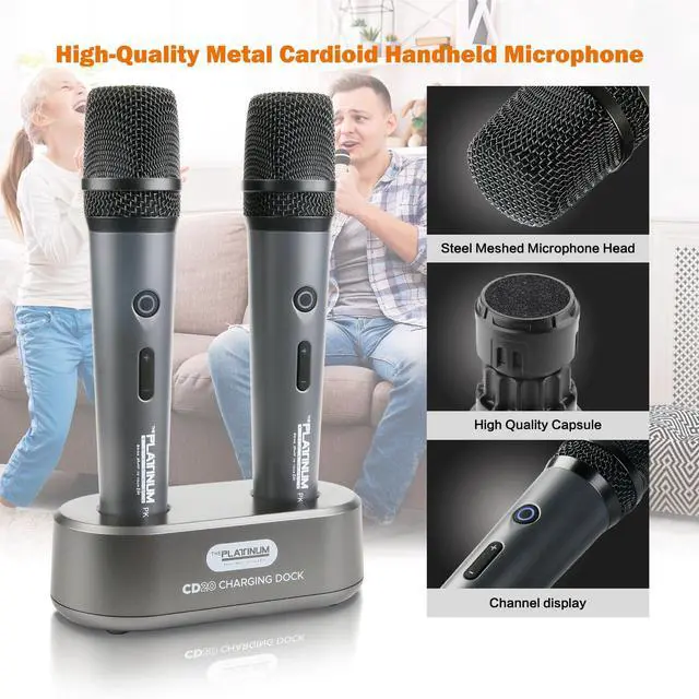 Alt view image 4 of 7 - The Platinum Wireless Microphone for mic Input UHF Metal Dynamic Handheld Multipurpose mic with Base and Rechargeable Receiver 160ft Range Suitable for Karaoke Machine/Amplifier Speake/Mixer