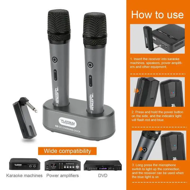 Alt view image 5 of 7 - The Platinum Wireless Microphone for mic Input UHF Metal Dynamic Handheld Multipurpose mic with Base and Rechargeable Receiver 160ft Range Suitable for Karaoke Machine/Amplifier Speake/Mixer