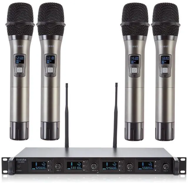 Main image of Wireless Microphone System, 4-Channel UHF Wireless Mic, Fixed Frequency Metal Cordless Mic with 4 Handheld Dynamic Microphones, 200ft Range, Mics for Singing, Church (4 Handheld)