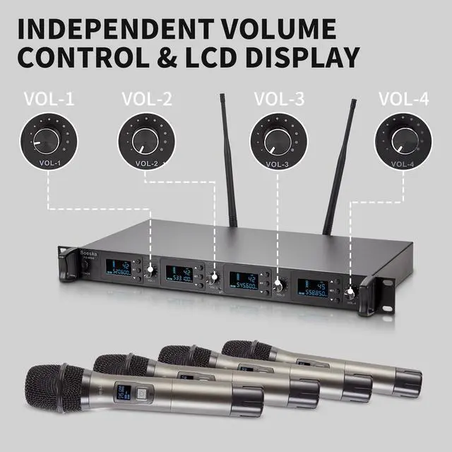 Alt view image 3 of 7 - Wireless Microphone System, 4-Channel UHF Wireless Mic, Fixed Frequency Metal Cordless Mic with 4 Handheld Dynamic Microphones, 200ft Range, Mics for Singing, Church (4 Handheld)