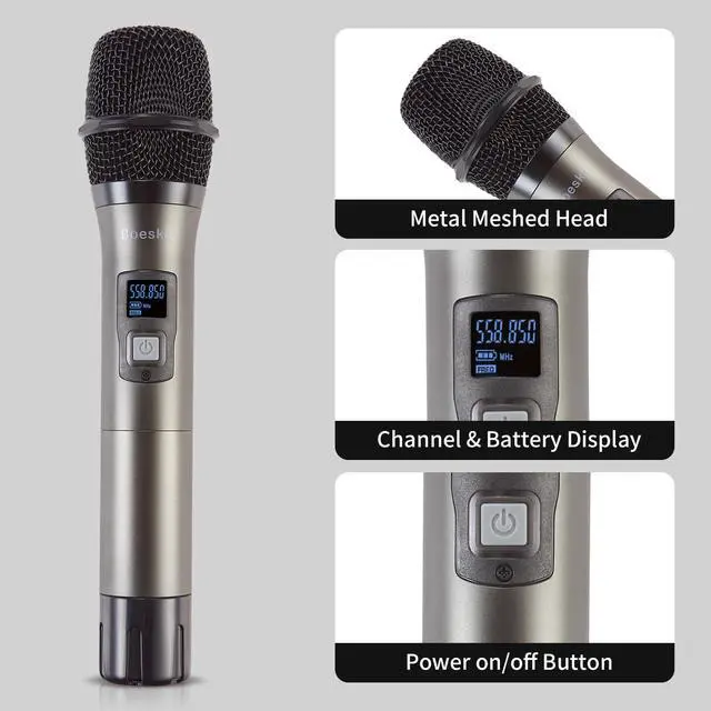 Alt view image 4 of 7 - Wireless Microphone System, 4-Channel UHF Wireless Mic, Fixed Frequency Metal Cordless Mic with 4 Handheld Dynamic Microphones, 200ft Range, Mics for Singing, Church (4 Handheld)