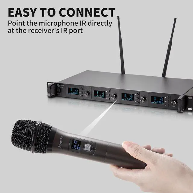 Alt view image 6 of 7 - Wireless Microphone System, 4-Channel UHF Wireless Mic, Fixed Frequency Metal Cordless Mic with 4 Handheld Dynamic Microphones, 200ft Range, Mics for Singing, Church (4 Handheld)