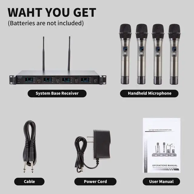 Alt view image 7 of 7 - Wireless Microphone System, 4-Channel UHF Wireless Mic, Fixed Frequency Metal Cordless Mic with 4 Handheld Dynamic Microphones, 200ft Range, Mics for Singing, Church (4 Handheld)