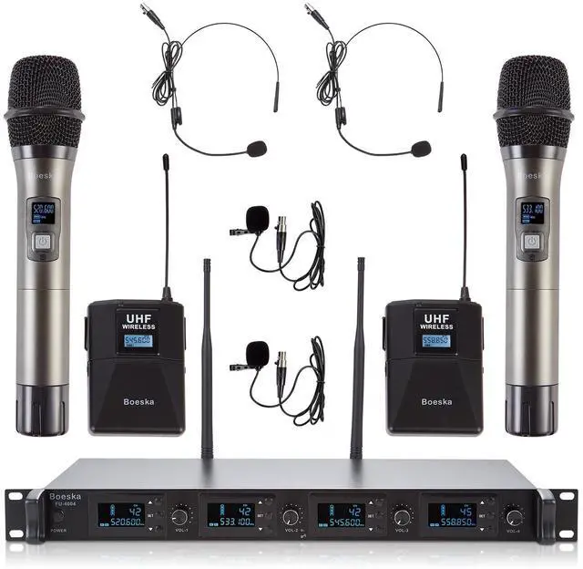 Main image of 4 Channel Wireless Microphone System UHF 2 Cordless Handheld Mics and 2 Lavalier Headset Mics for Karaoke Church Speaking Conference Meeting Party, 4x25 Adjustable Frequency (2 Handheld + 2 Bodypack)