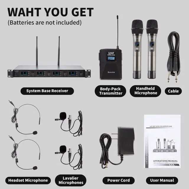 Alt view image 7 of 7 - 4 Channel Wireless Microphone System UHF 2 Cordless Handheld Mics and 2 Lavalier Headset Mics for Karaoke Church Speaking Conference Meeting Party, 4x25 Adjustable Frequency (2 Handheld + 2 Bodypack)