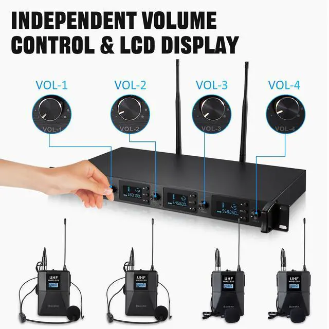 Alt view image 3 of 7 - Wireless Microphone System 4 Channel UHF 4 Lavalier Lapel Headset Mics for Karaoke Church Speaking Conference Meeting Party, 4x25 Adjustable Frequency (4 Bodypack)